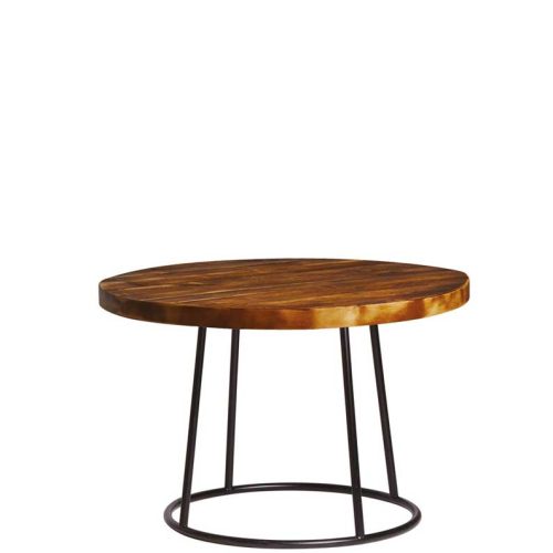 Rustic round coffee table with dark wooden top and black legs